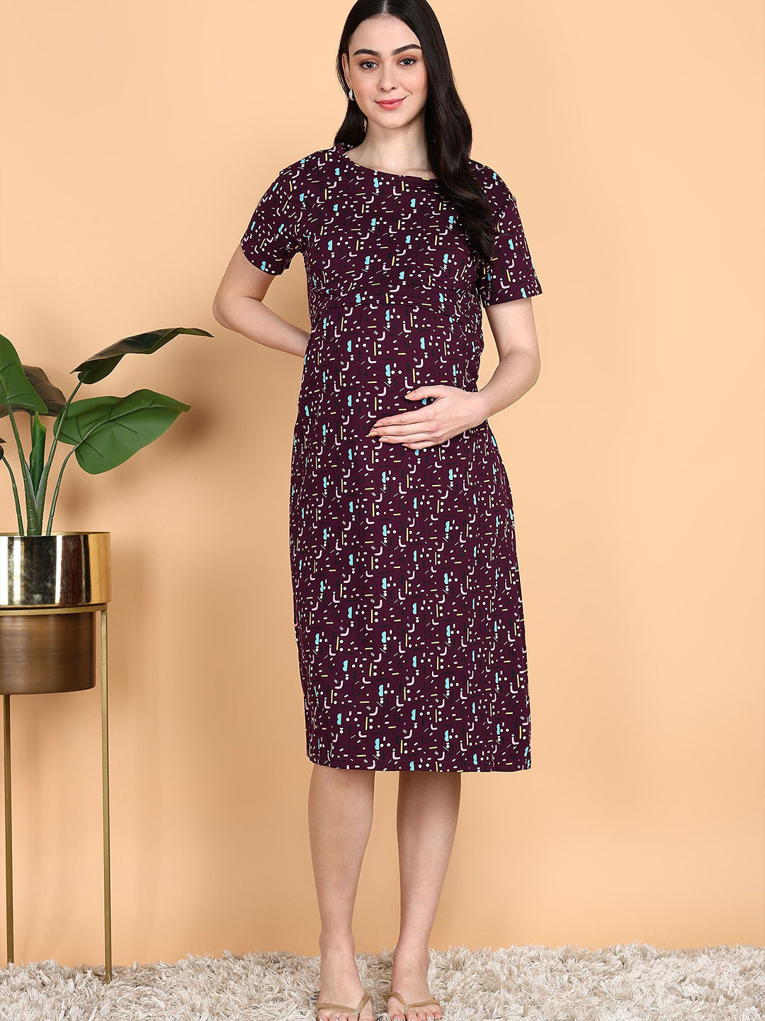 Moms Ever Women Printed Maternity & Feeding Loungewear Dress