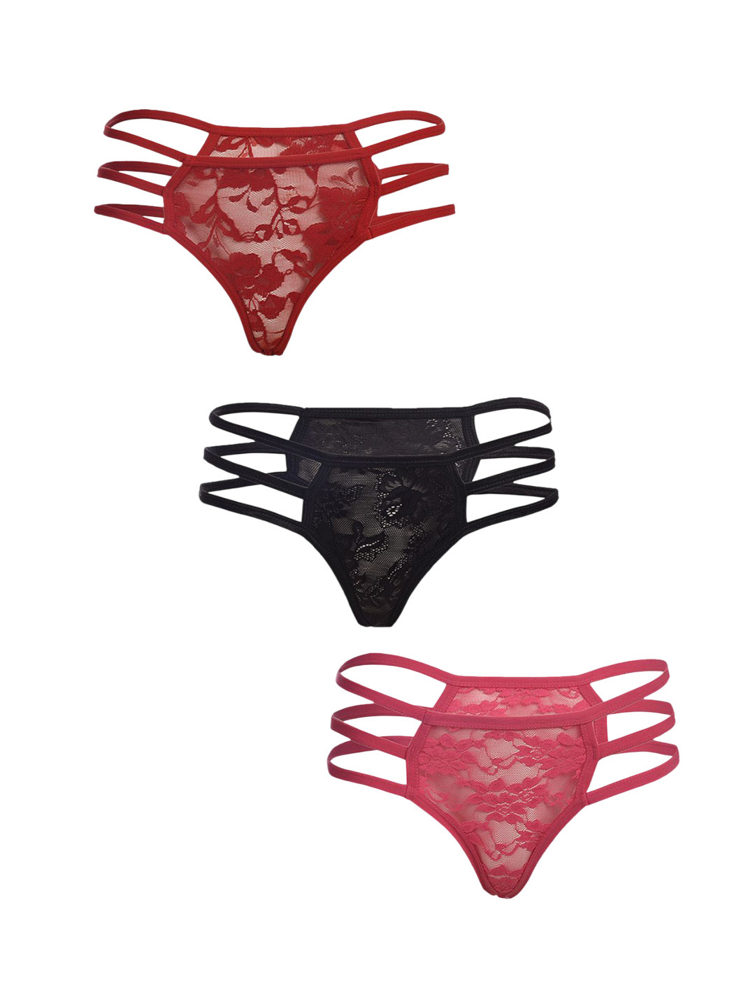 Fleurt Women Pack Of 3 Self Design Assorted Lace G-String Briefs - HOBFPT3-OS-37