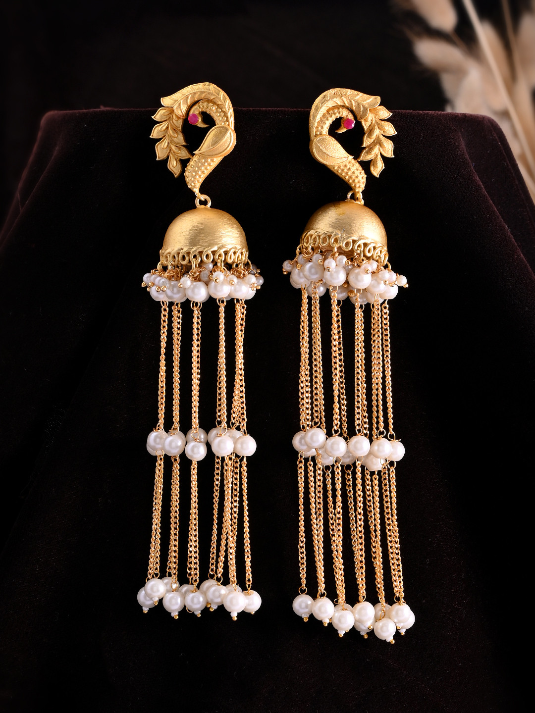 Silvermerc Designs Gold-Plated Kundan Studded & Peals Contemporary Drop Earrings