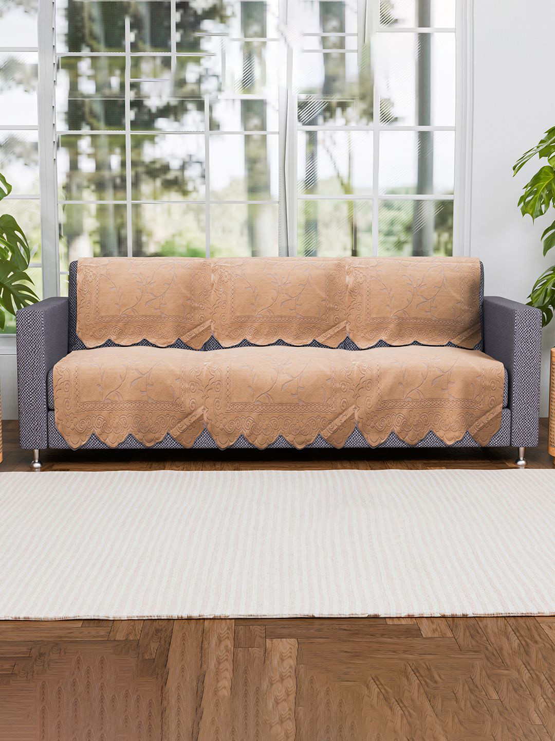 Kuber Industries Gold-Toned Set of 6 Ginger Design Pure Cotton Three Seater Sofa Covers