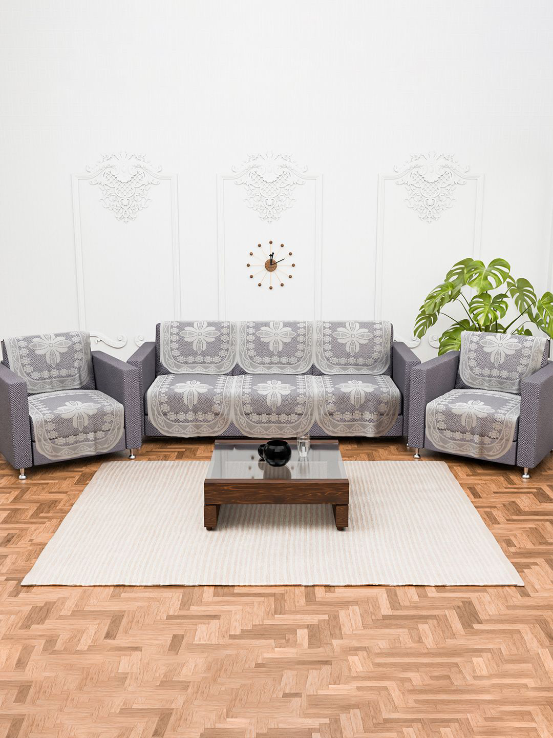 Kuber Industries White Set of 10 Croshia Design Pure Cotton Five Seater Sofa Covers