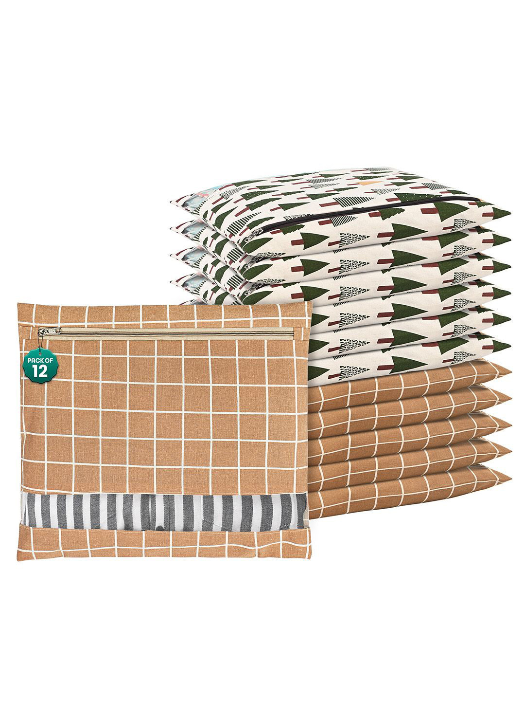 Kuber Industries Brown Green 12 Pcs Cotton Hanging Storage Clothes Packing Bag Organisers