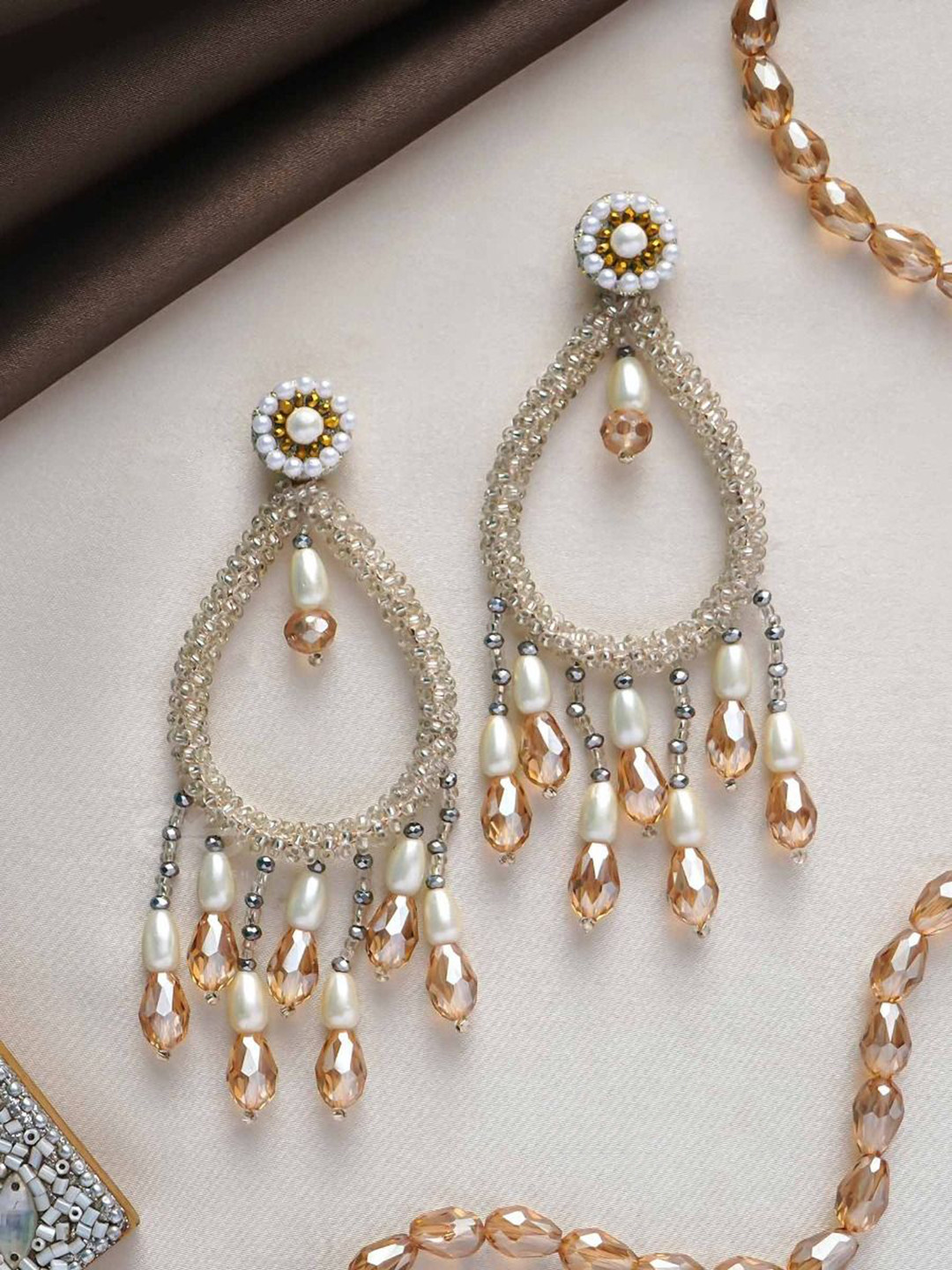 EVERSTYLISH Sanjoya Pearl & Glass Drops Embroidered Earrings