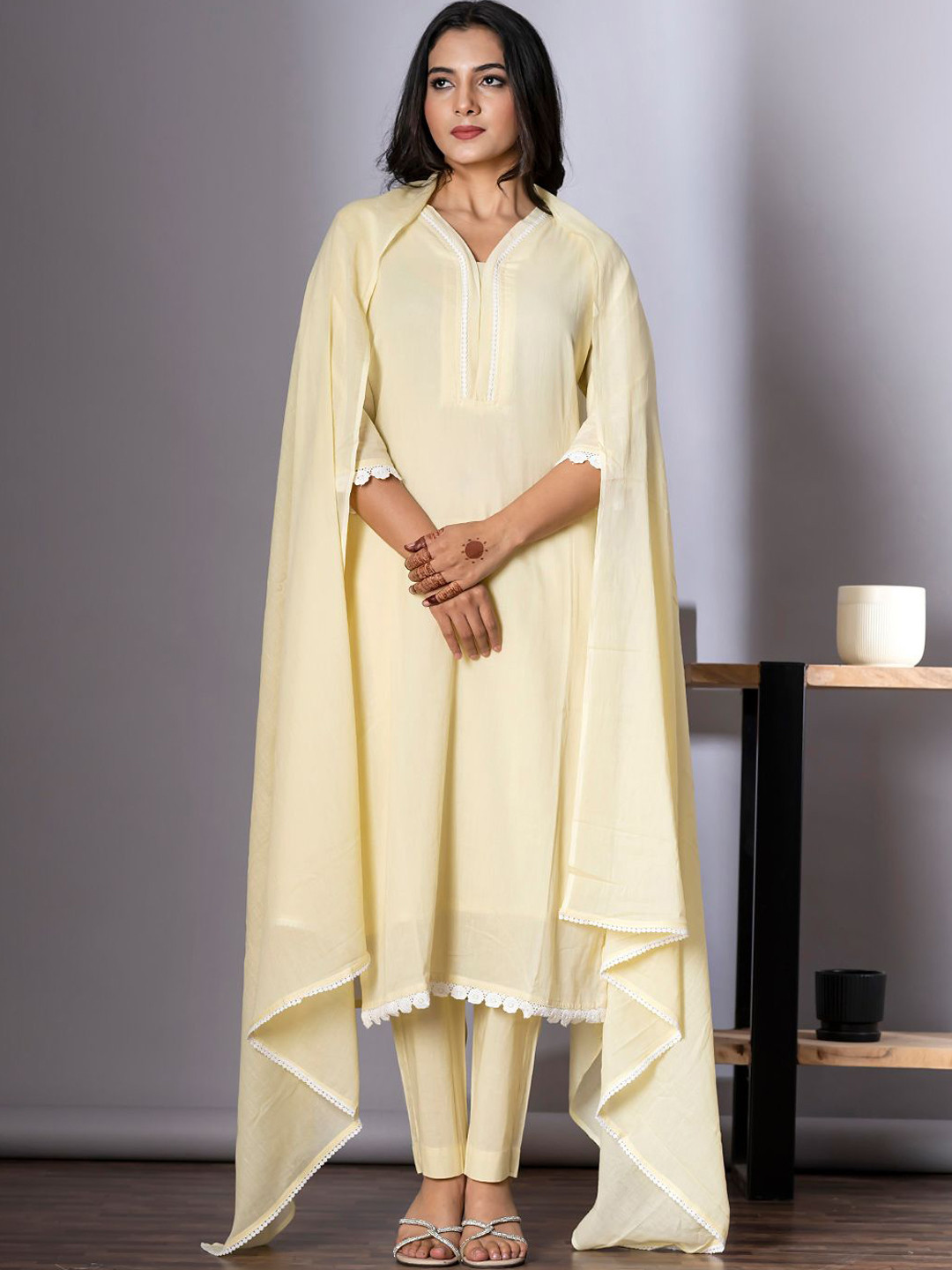 Readiprint V-Neck Pure Cotton Straight Kurta With Palazzos And Dupatta