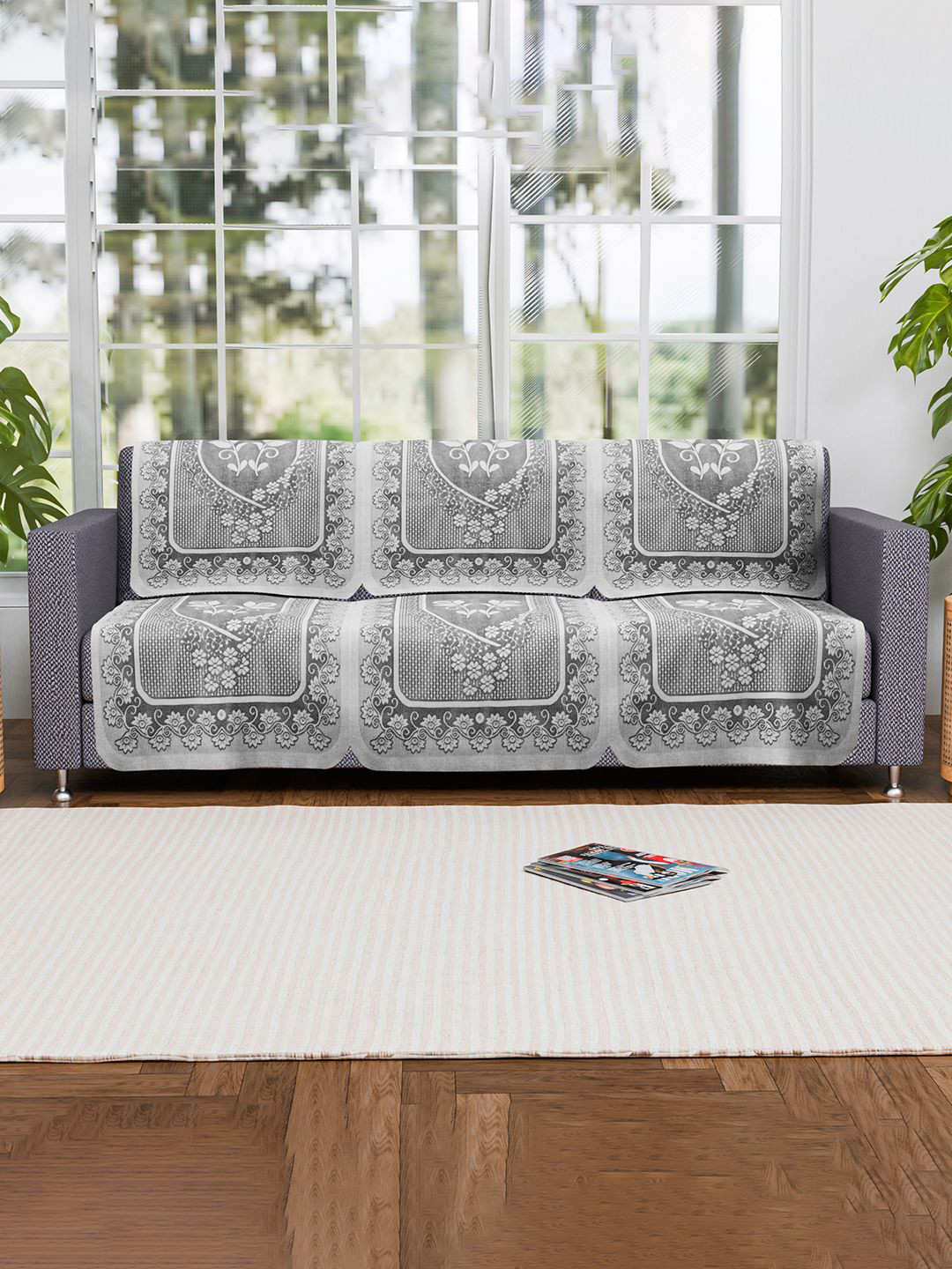 Kuber Industries Cream-Coloured & Grey 6 Pieces Self Design Cotton 3 Seater Sofa Covers
