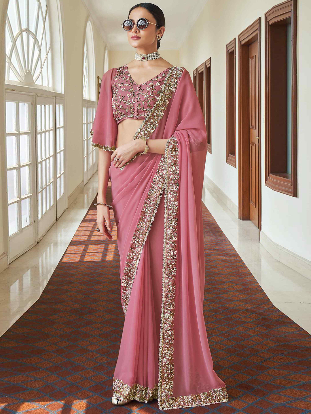 DIVINE EXIM Beads and Stones Embroidered Pure Georgette Saree With Blouse Piece