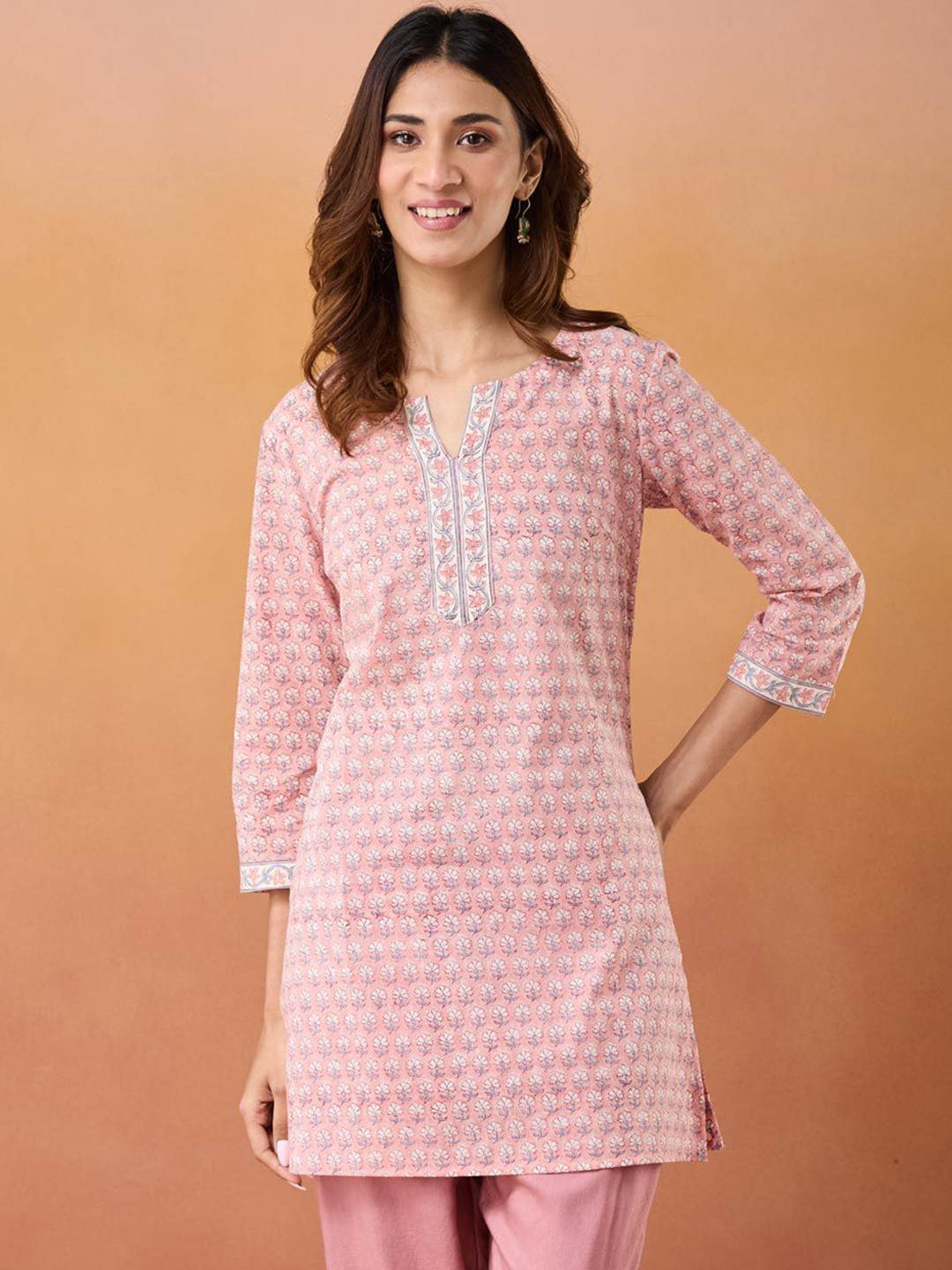 Fabindia Floral Printed Notch Neck Hand Block Cotton Straight Kurta