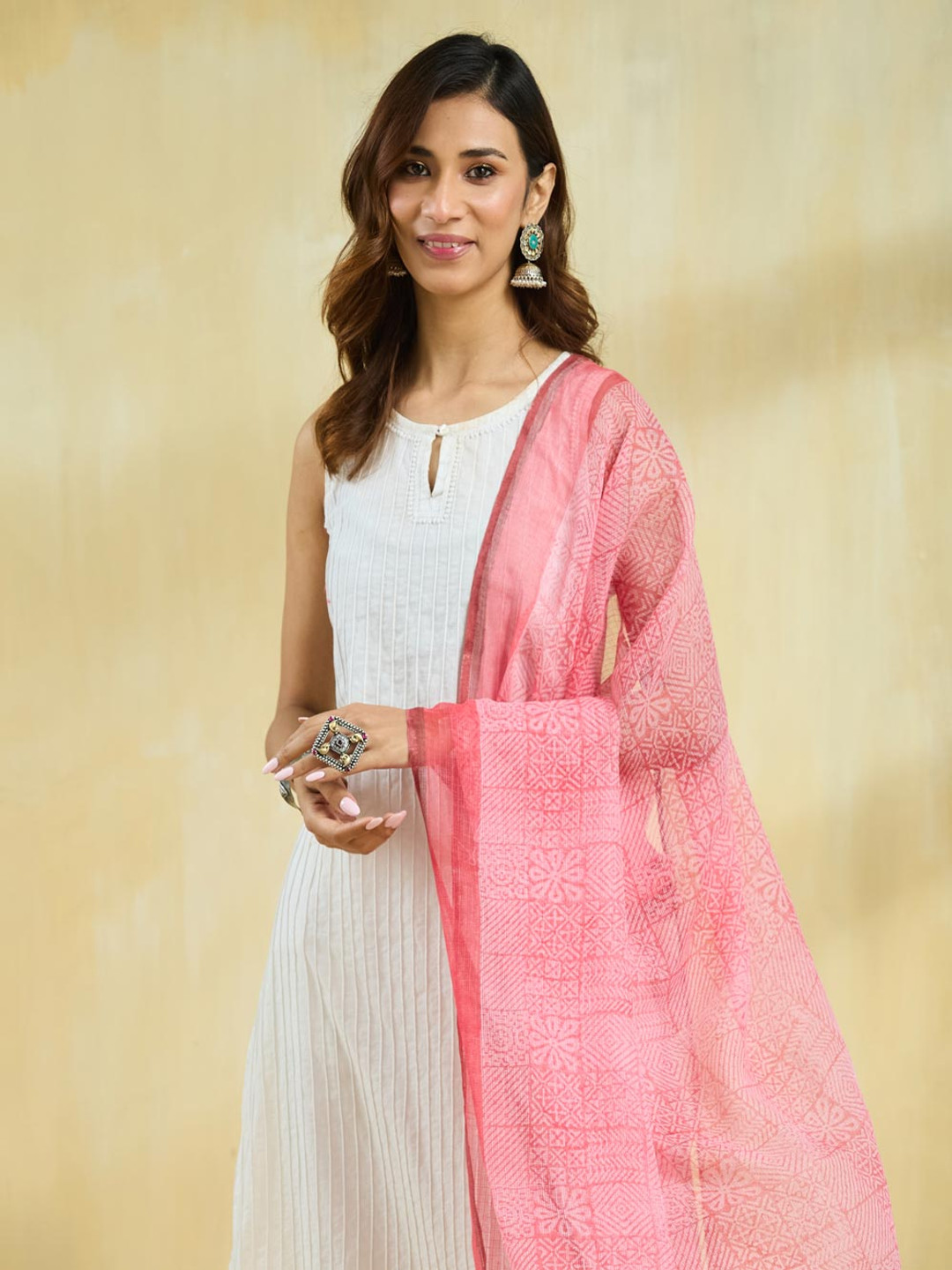 Fabindia Floral Printed Block Print Technique Cotton Silk Dupatta
