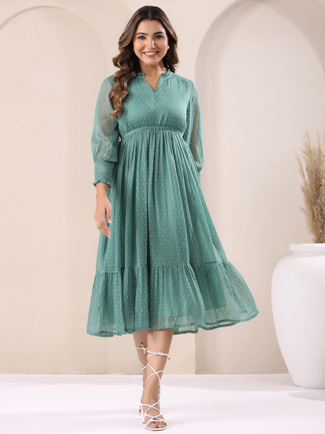 Janasya Women Sage Green Dobby Chiffon Self Design Fit & Flare Dress