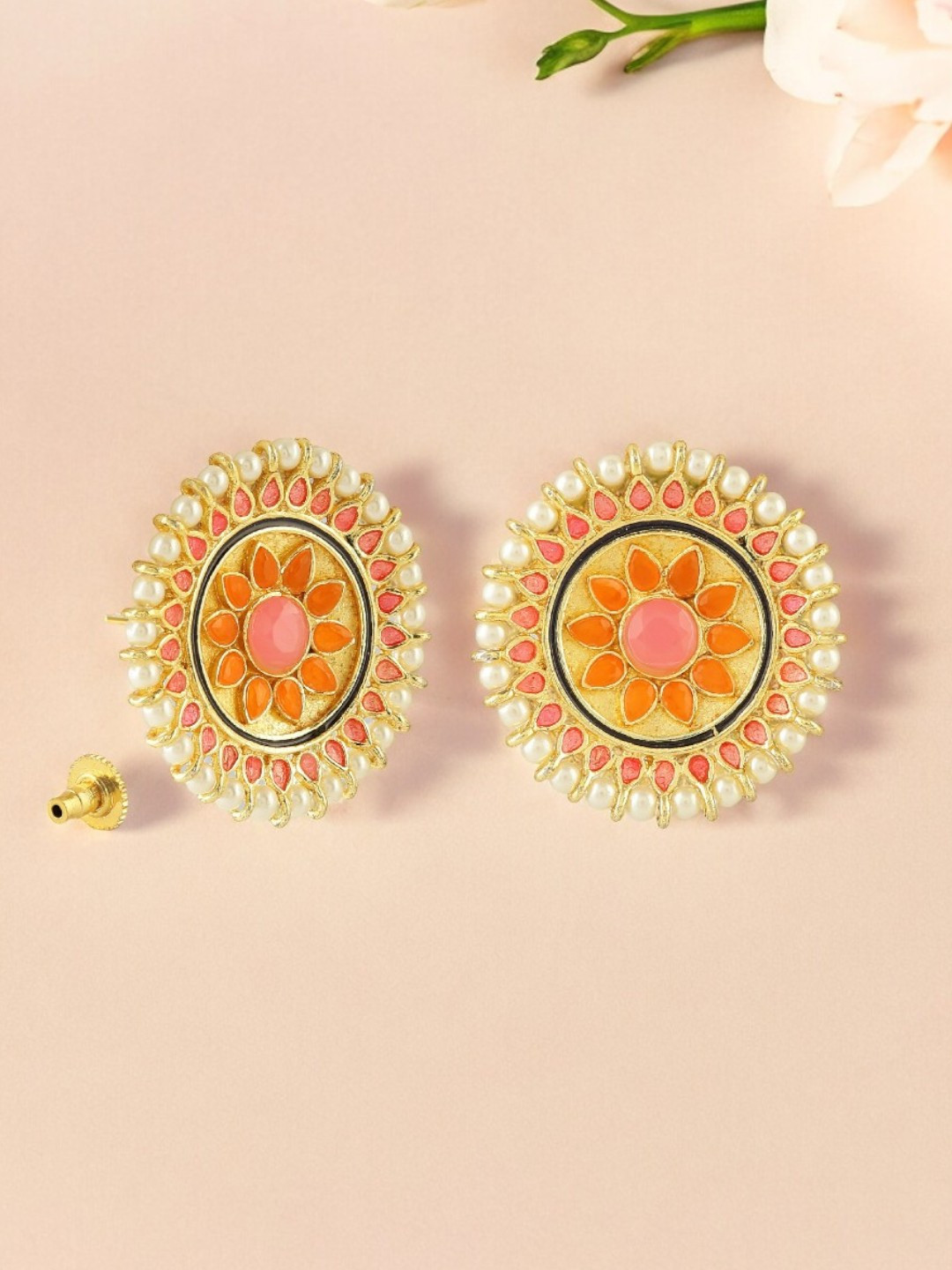 Anouk Cream And Orange Gold-Plated Rhinestone Enamel Circular Studs