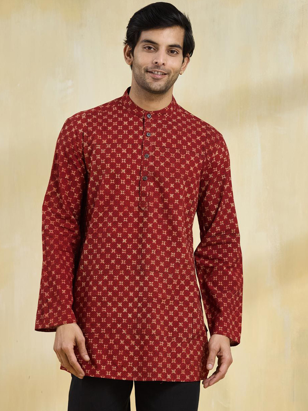 Fabindia Men Ethnic Motifs Printed Band Collar Dabu Cotton Straight Kurta