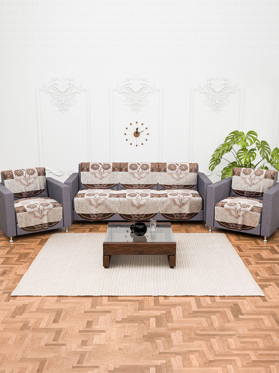 Kuber Industries Patti Design Cotton Quick Dry 10PC Straight 5 Seater Sofa Cover 69x31In