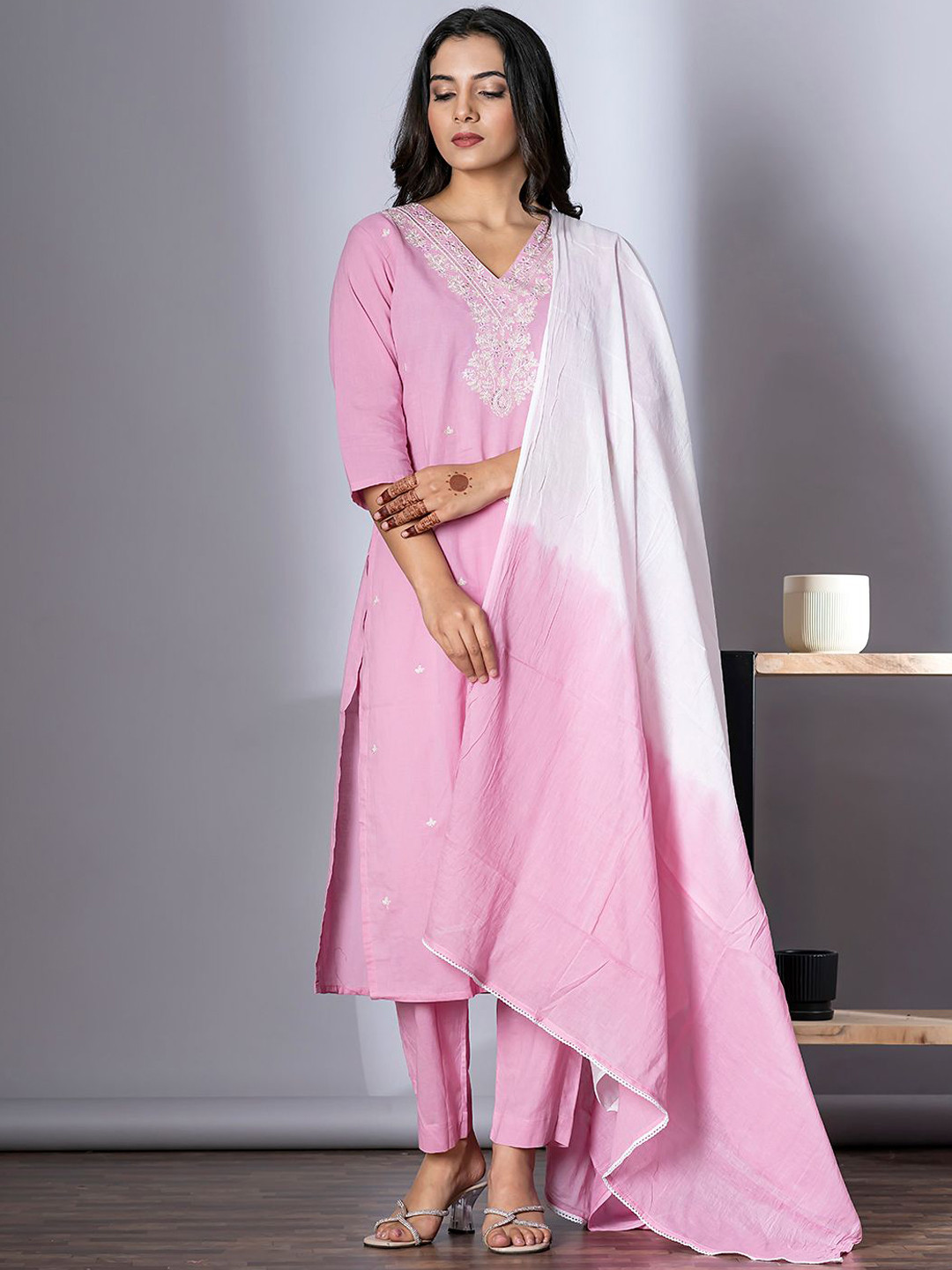 Readiprint V-Neck Embroidered Pure Cotton Straight Kurta With Trousers & Dupatta
