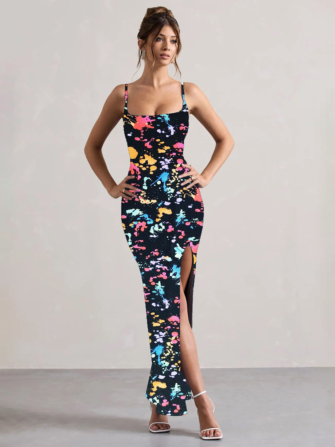 TRAQUILA Abstract Print Bodycon Maxi Dress