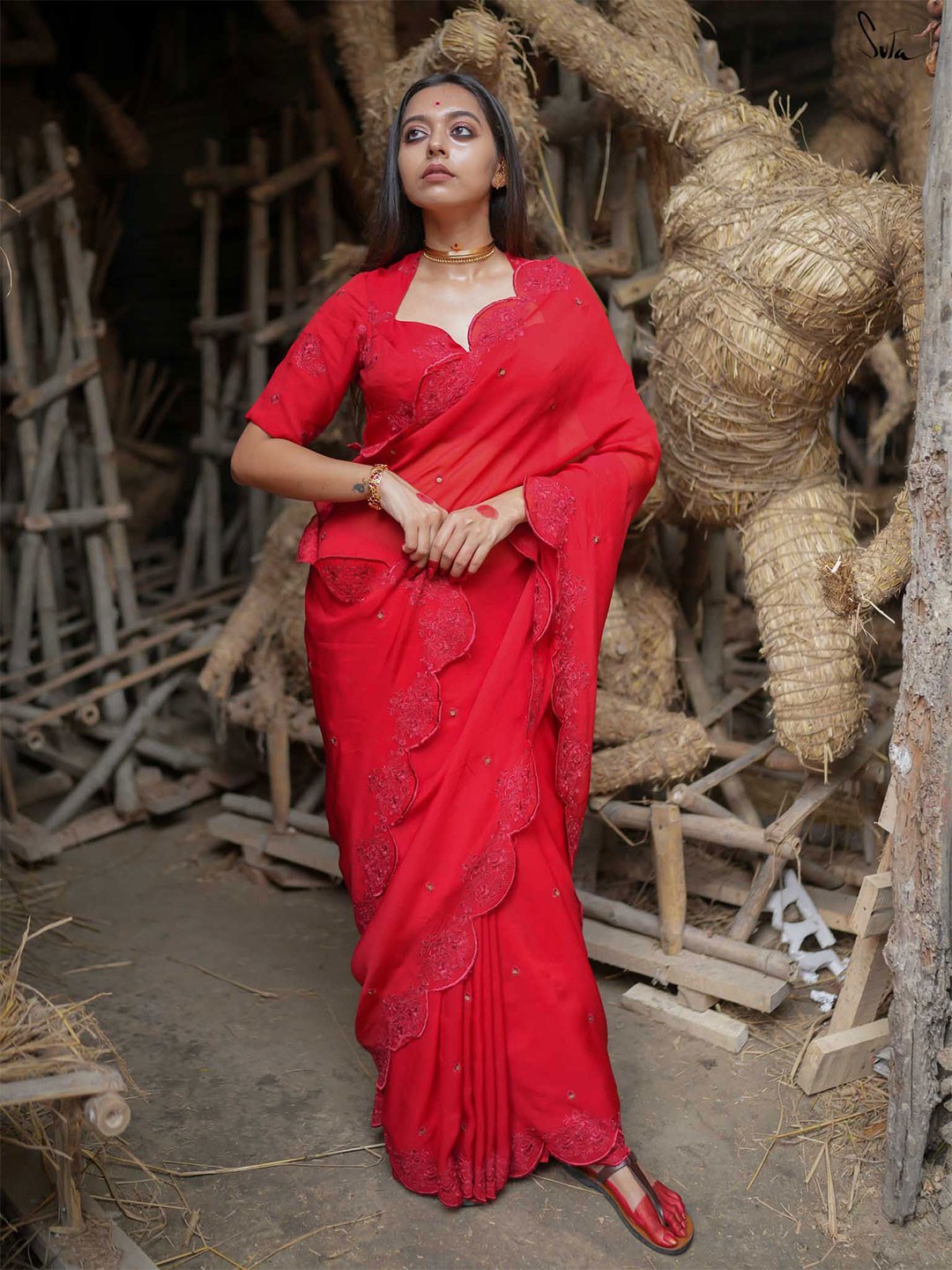 Suta Red Viscose Organza Saree