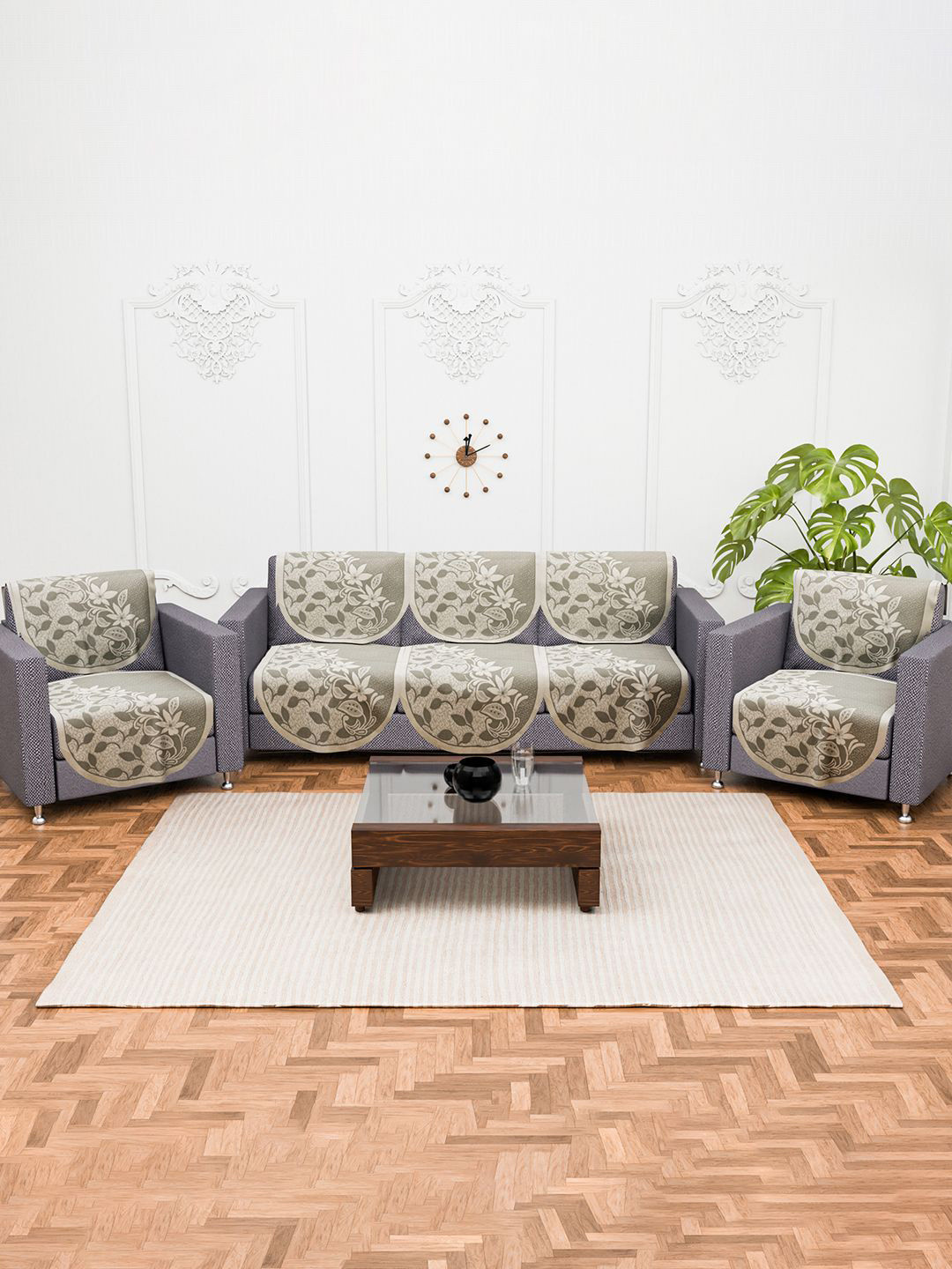 Kuber Industries Cream-Coloured Set of 10 Floral Pure Cotton Five Seater Sofa Covers