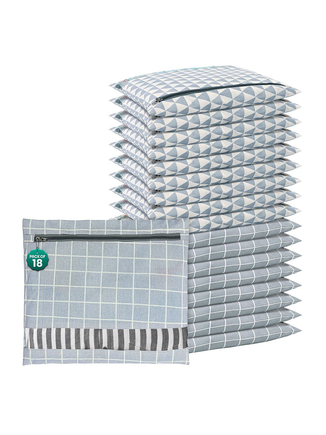 Kuber Industries Grey and Off-White 18 Pieces Geometric Printed Cotton Drawer Organisers