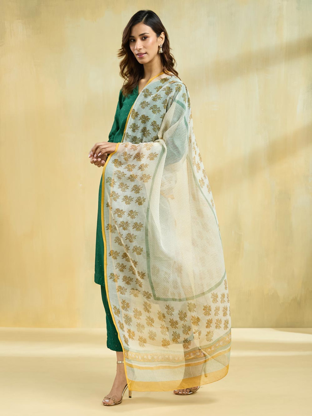Fabindia Floral Printed Block Print Technique Cotton Silk Dupatta