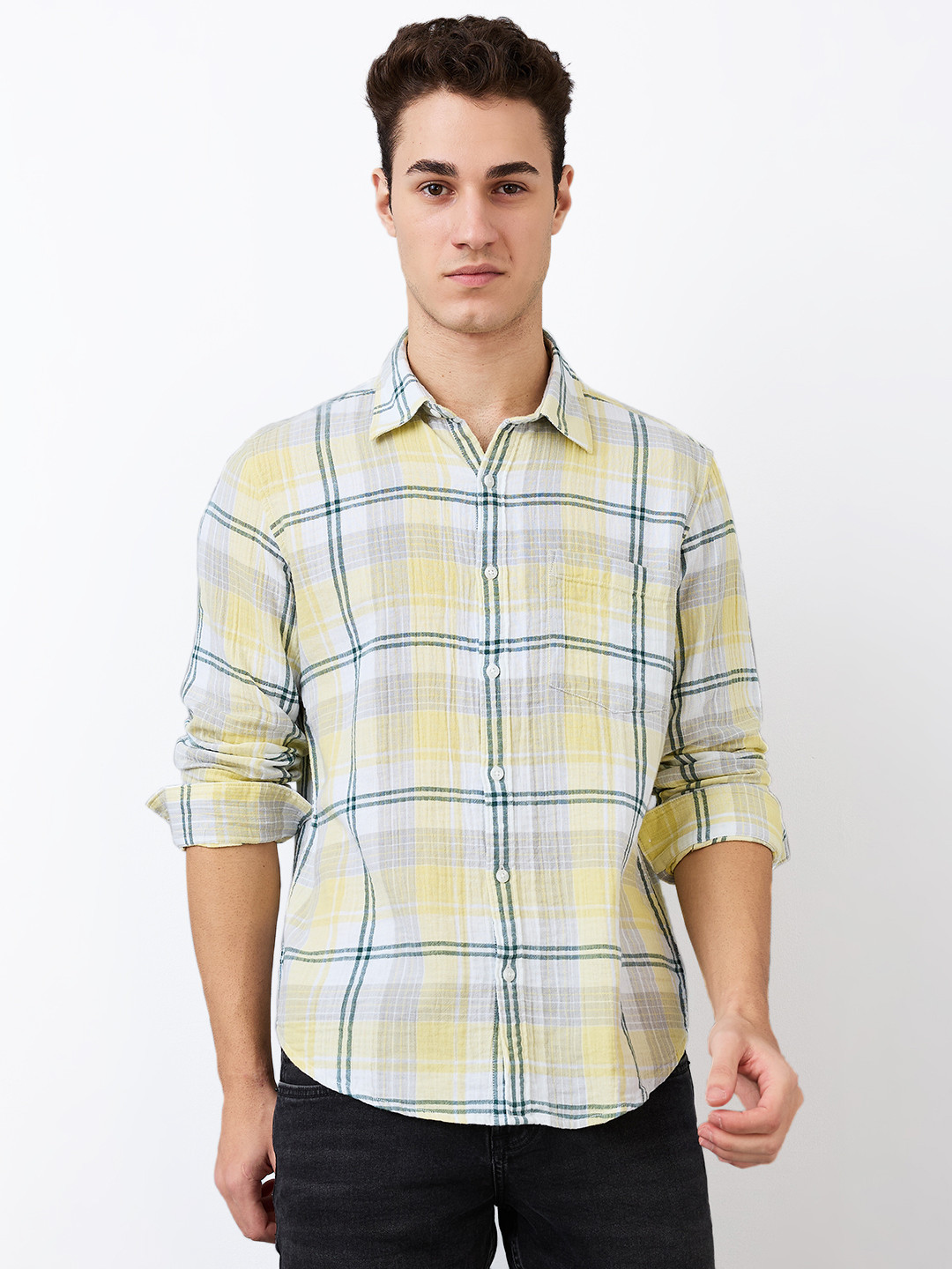SPYKAR Men Spread Collar Tartan Checked Cotton Casual Slim Fit Shirt