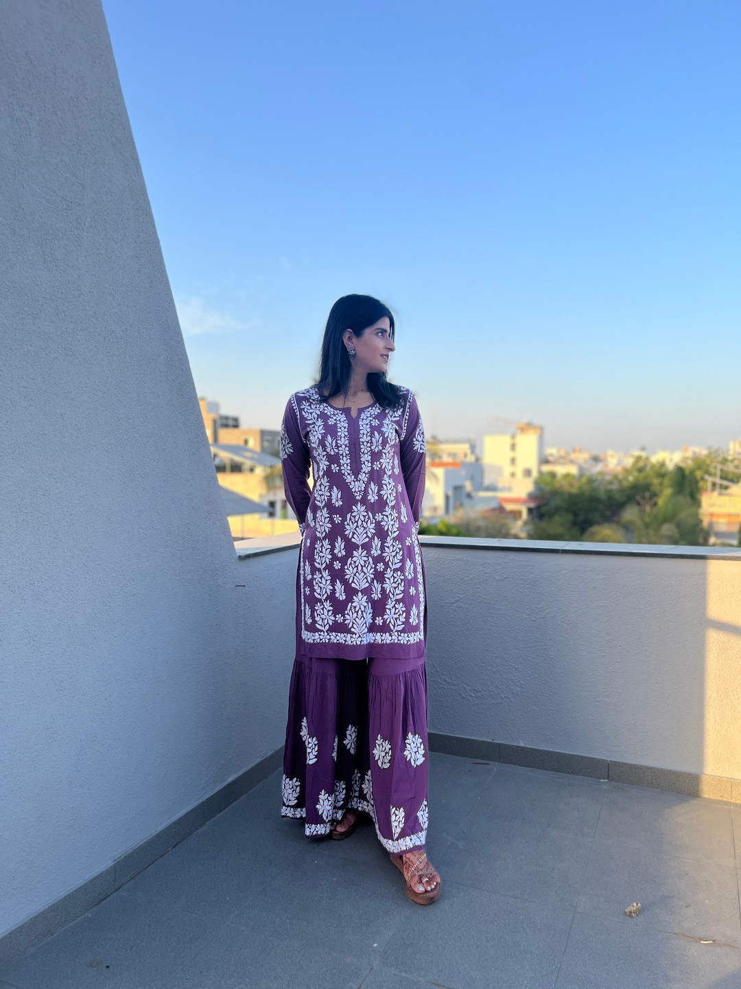Everything In Chikankari Floral Embroidered Chikankari Straight Kurta With Sharara