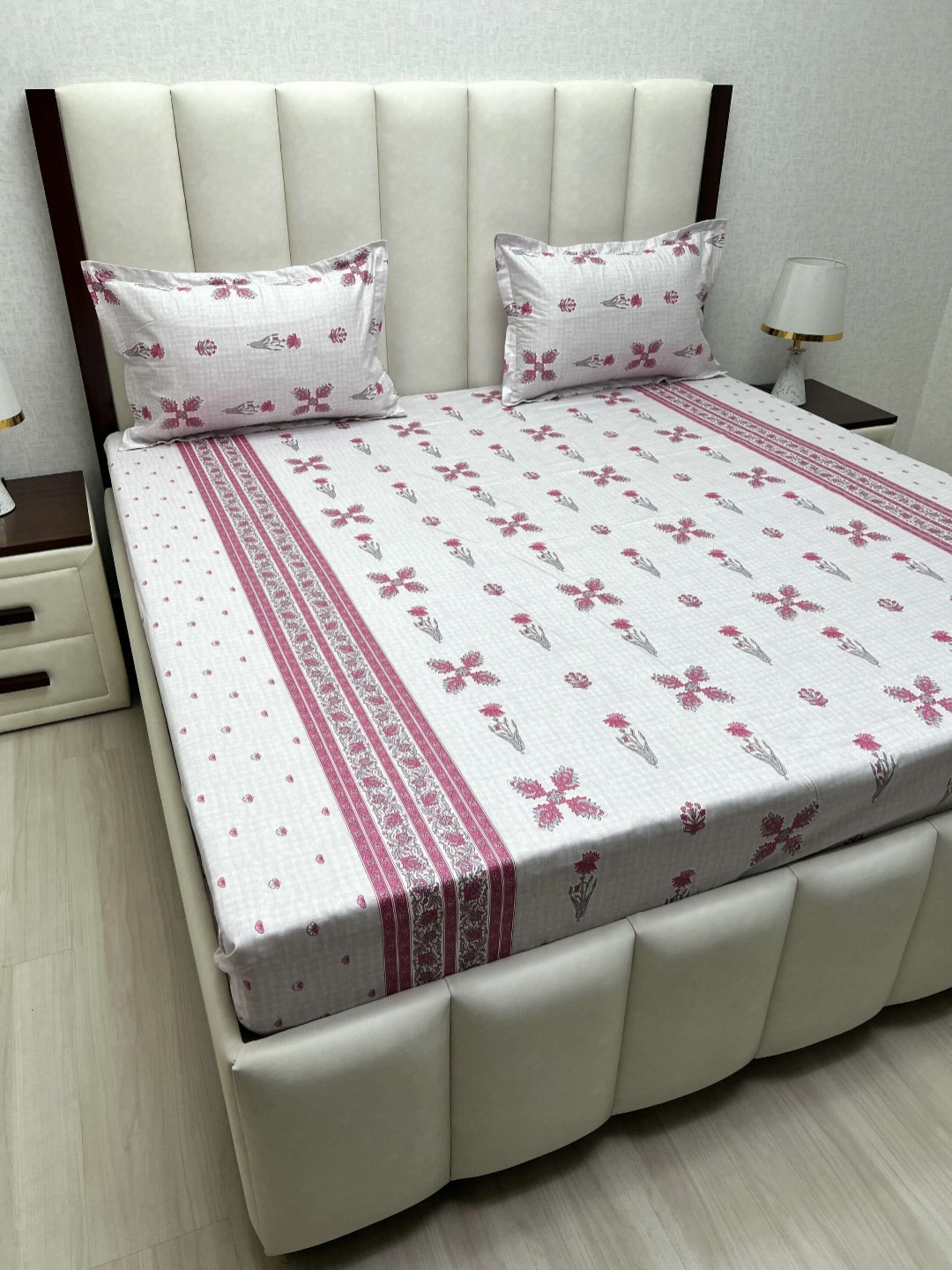 Pure Decor Royal Passion Pink Ethnic Motifs Pure Cotton 230 TC Queen Fine Bedsheet with 2 Pillow Covers-228 x 254 cm