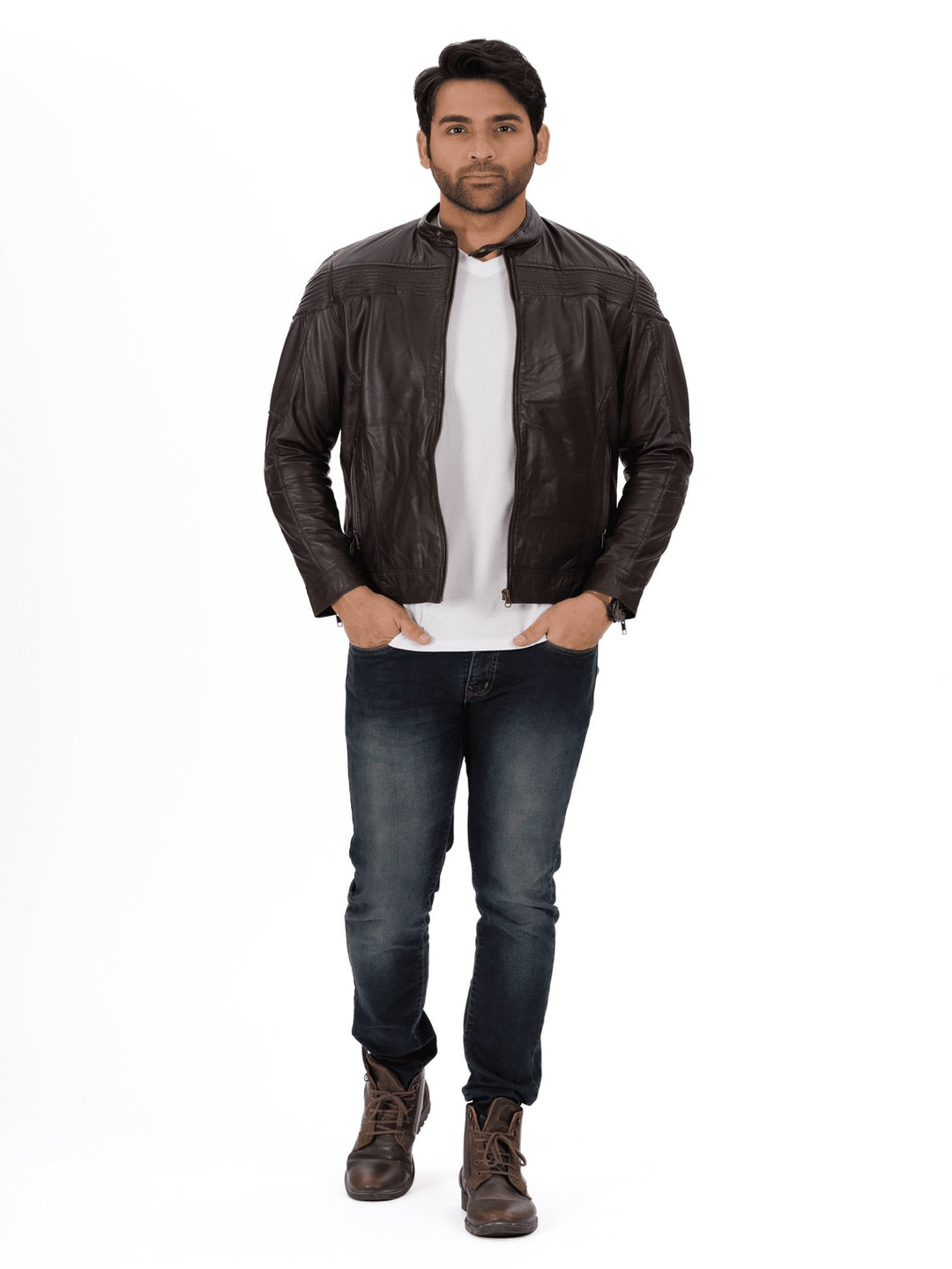 Everestwolf Men Solid Leather Jacket