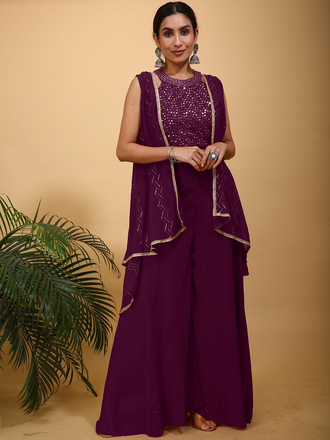 SANCIA Geometric Embroidered Halter Neck Sequinned Crop Top With Palazzos & Dupatta