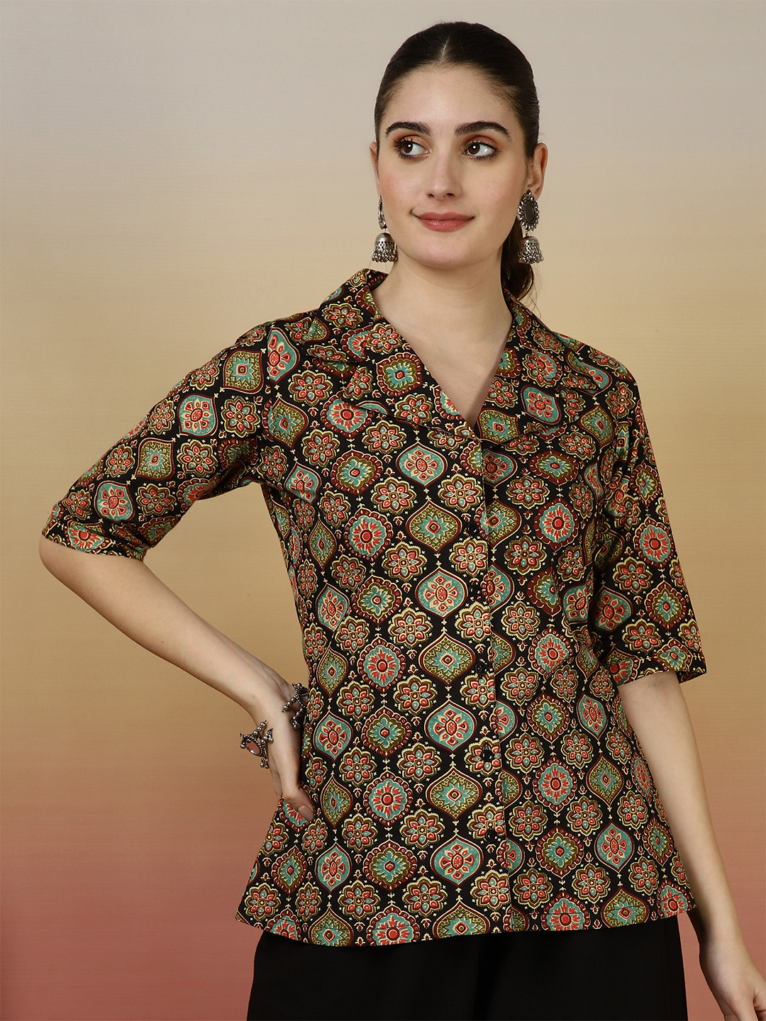 NISHABD Women Cuban Collar Geometric Printed Block Print Cotton A-Line Top