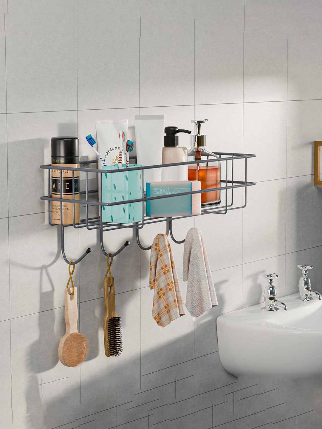 Kuber Industries Grey Metal Self Adhesive Bathroom Organiser