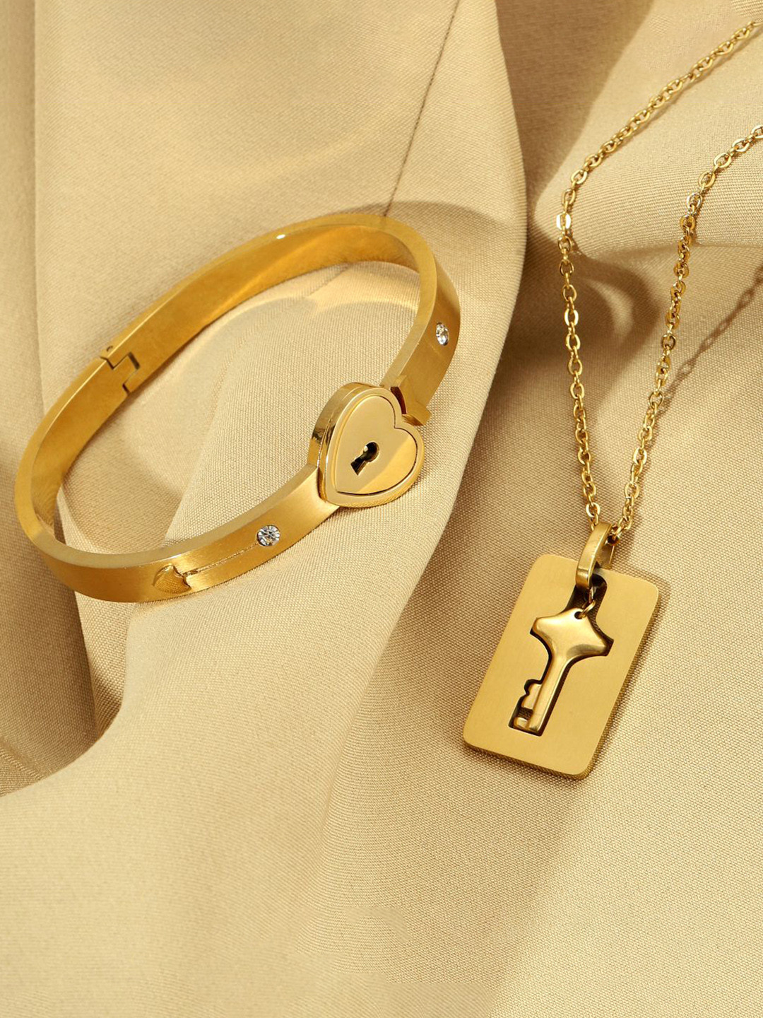 SALTY Stainless Steel Golden Lock & Key Love Bracelet & Necklace Set for Women & Girls