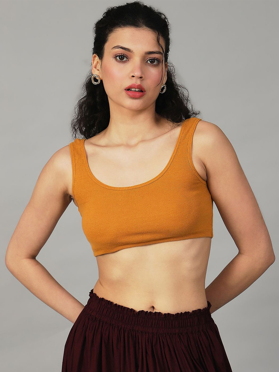 Mustard Yellow Ribbed Cotton Crop Top with Scoop Neck