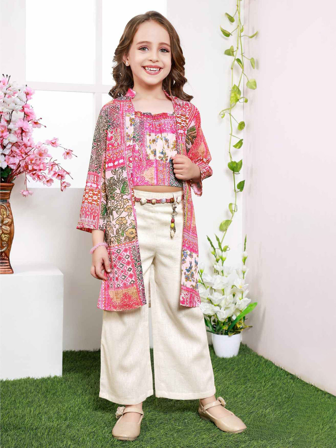 Lagorii Girls Printed Overcoat And Crop Top With Cream Pant Set