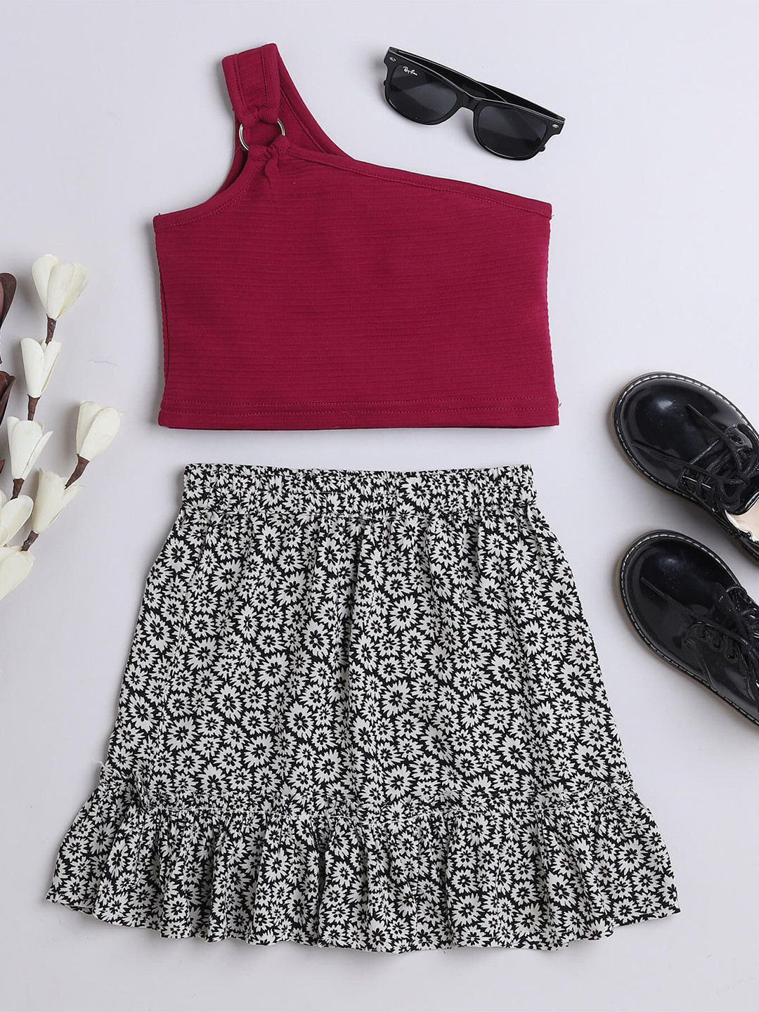 taffykids Girls One Shoulder Pure Cotton Top With Skirt