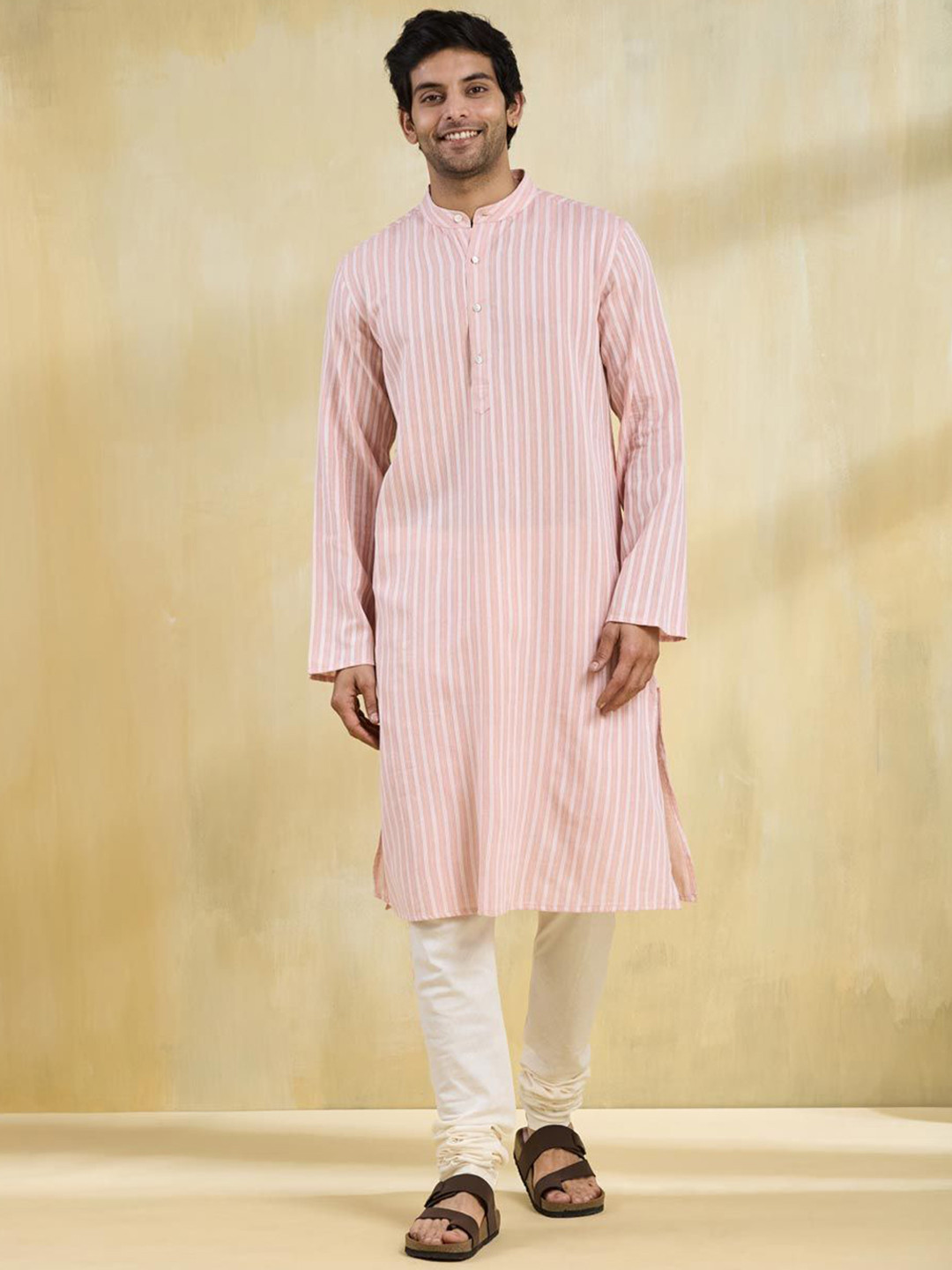 Fabindia Men Striped Thraed Work Band Collar Cotton Straight Kurta
