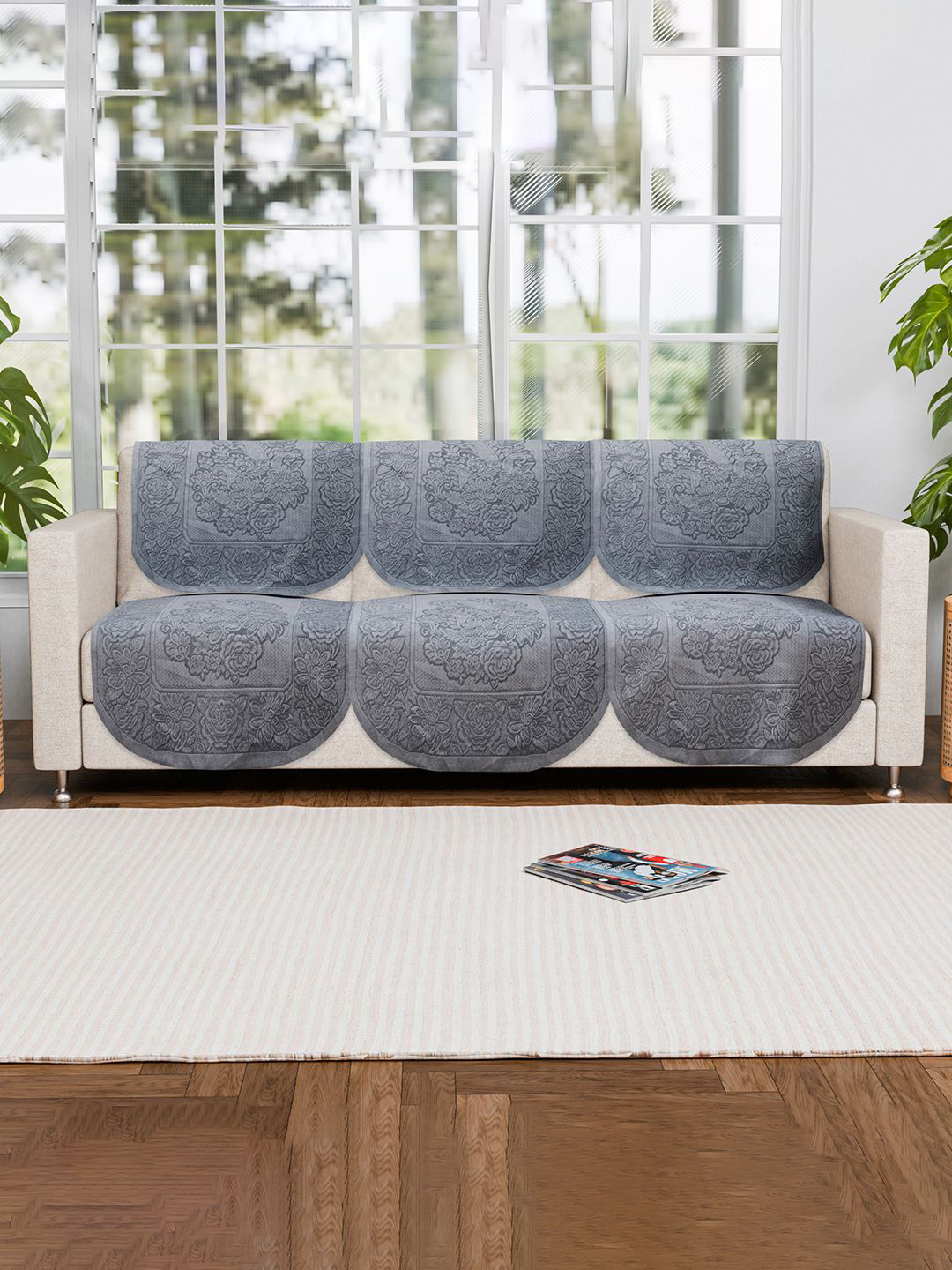 Kuber Industries Grey Set of 6 Floral Pure Cotton Three Seater Sofa Covers