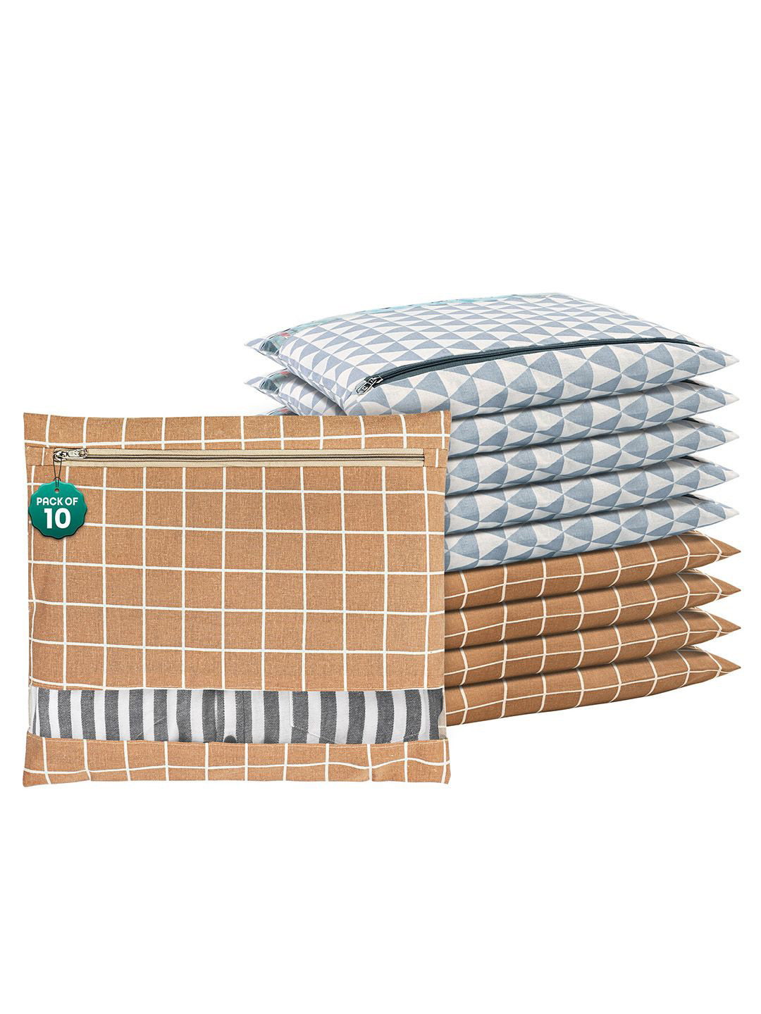 Kuber Industries Brown & Grey 10 Pieces Checked Mesh Cotton Clothes Storage Organizers