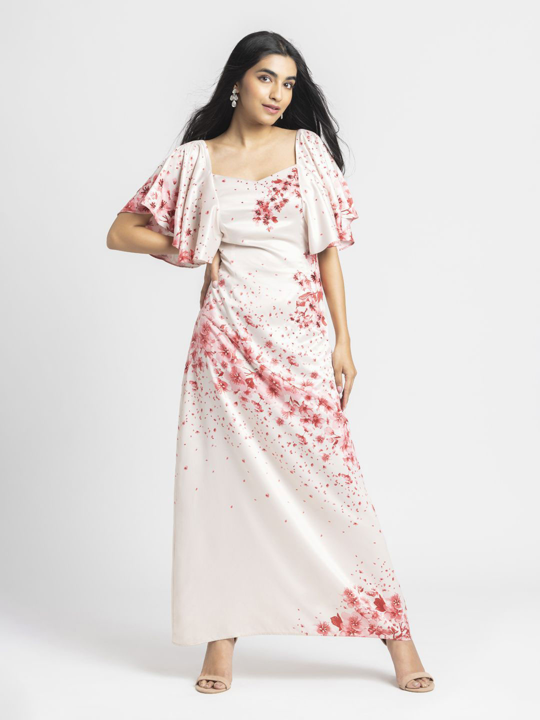 Shaye Beige Sweetheart Neck Floral Print Short Sleeves Party Dress For Women