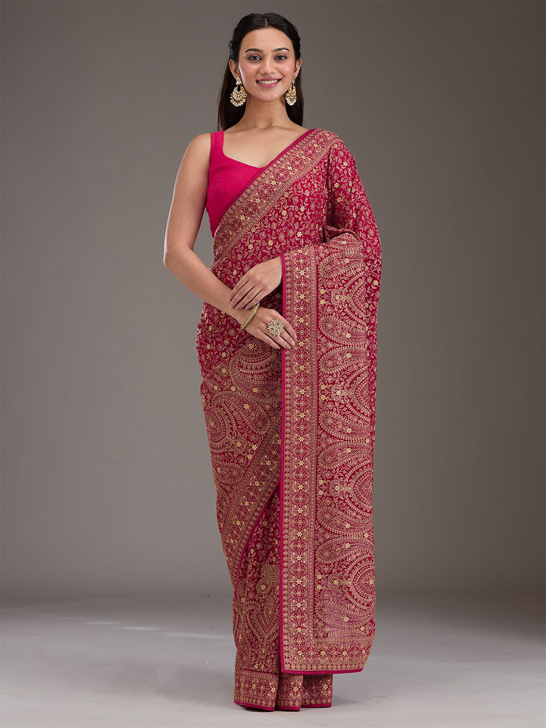 Koskii Rani Pink Zariwork Georgette Saree