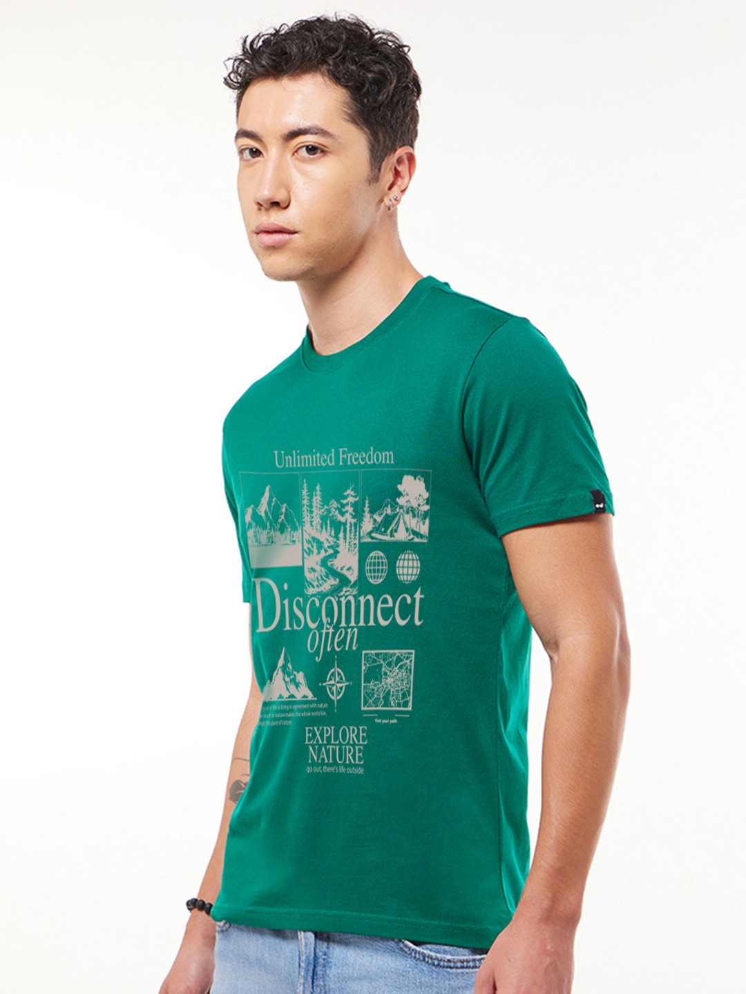 Bewakoof Men Green Disconnect Typography Printed Graphic Pure Cotton Round Neck T-shirt
