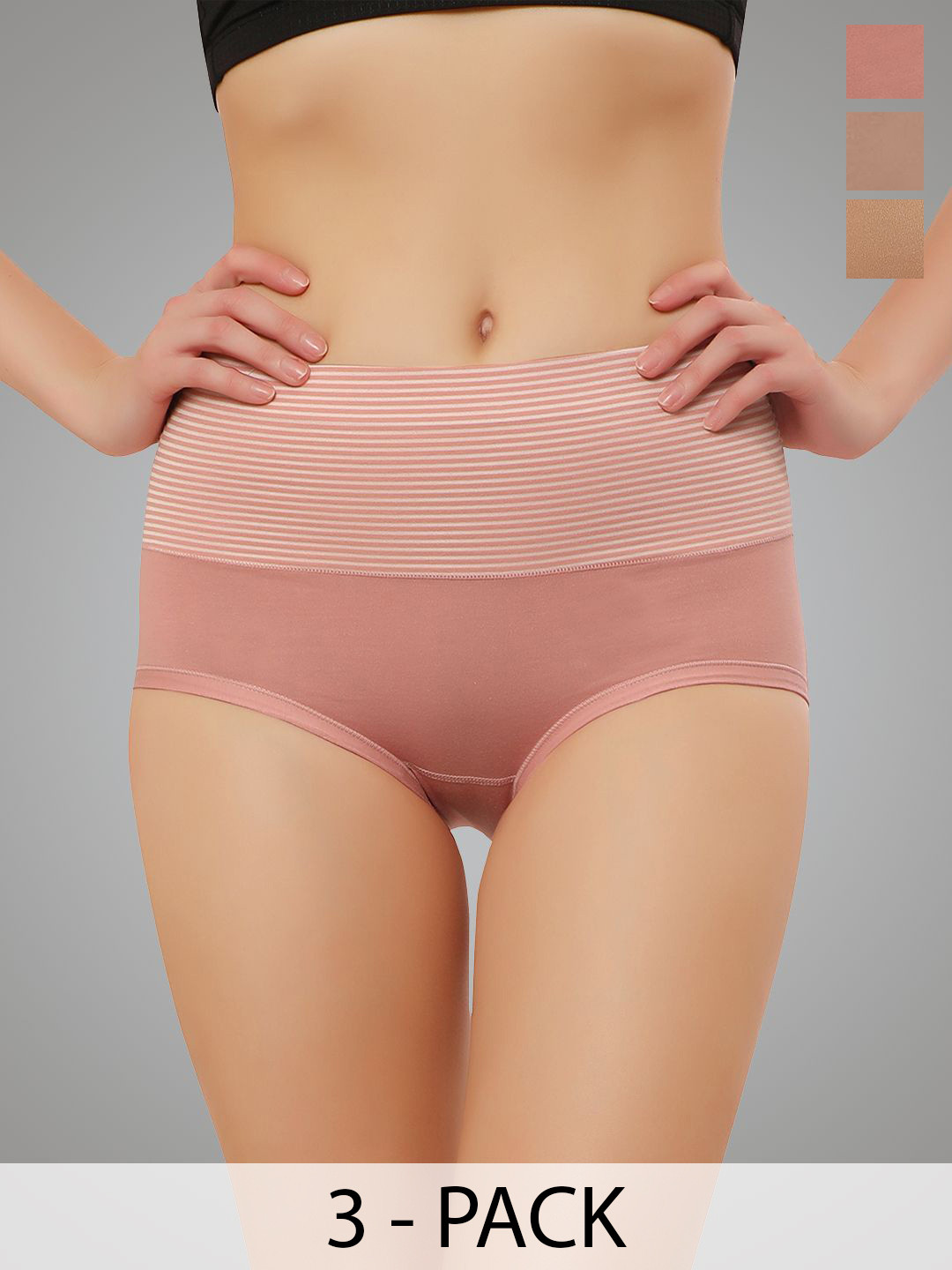 Bella Voste Pack Of 3 Striped Hipster Briefs PT-803-Pink-Beige-Brown-M
