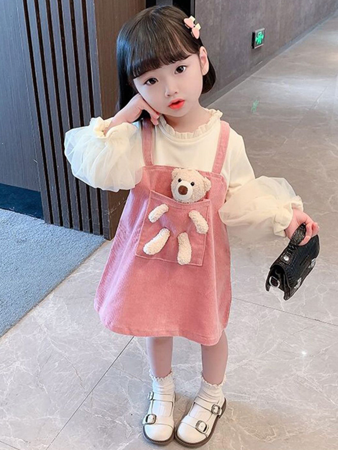 YK Girls Self Design Pinafore Dress