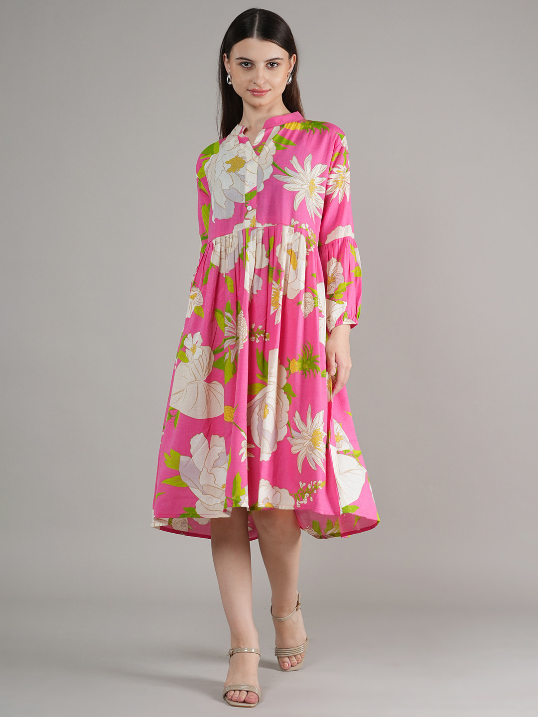 BAESD Floral Printed Mandarin Collar Fit & Flar Dress
