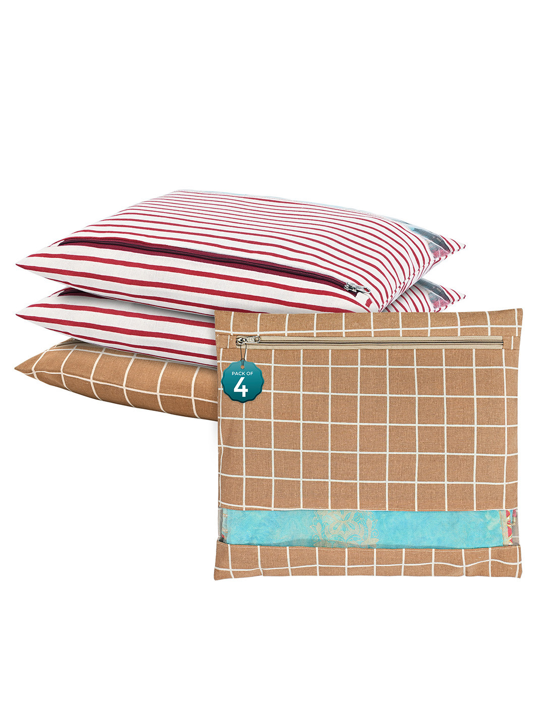 Kuber Industries Brown & White 4 Pieces Checked Mesh Cotton Saree Covers Organizers