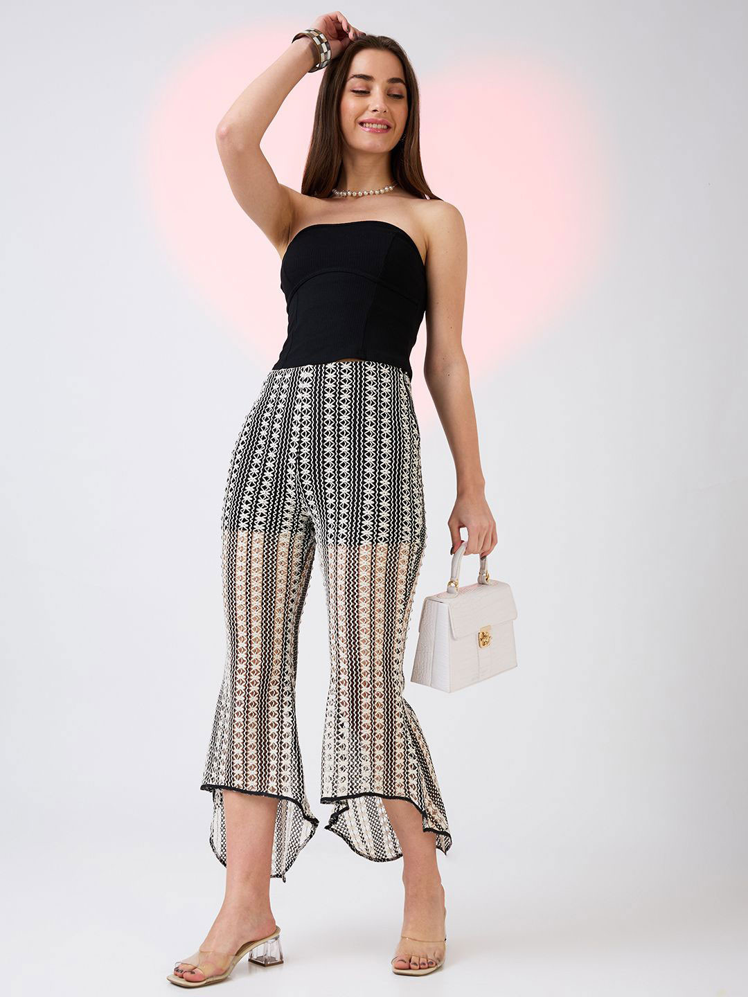 Globus Self Design Crochet Mid Rise Relaxed Fit Flat Front Bootcut Trousers