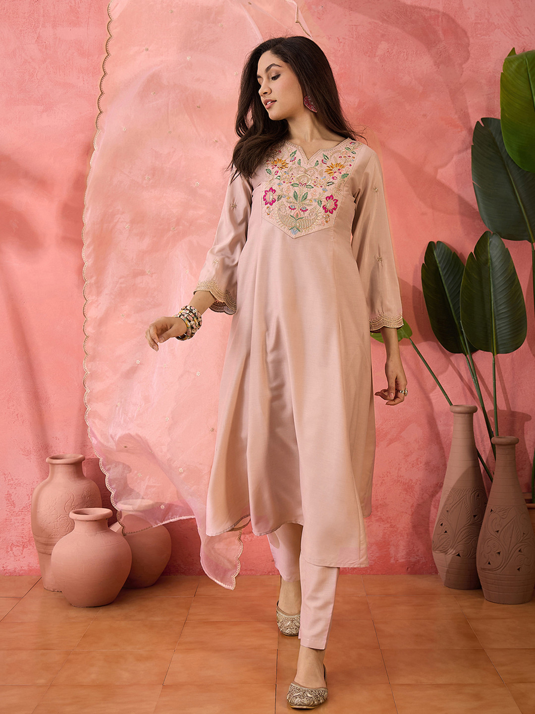 Sangria Beige Floral Yoke Design Notch Neck A-Line Kurta With Trousers And Dupatta