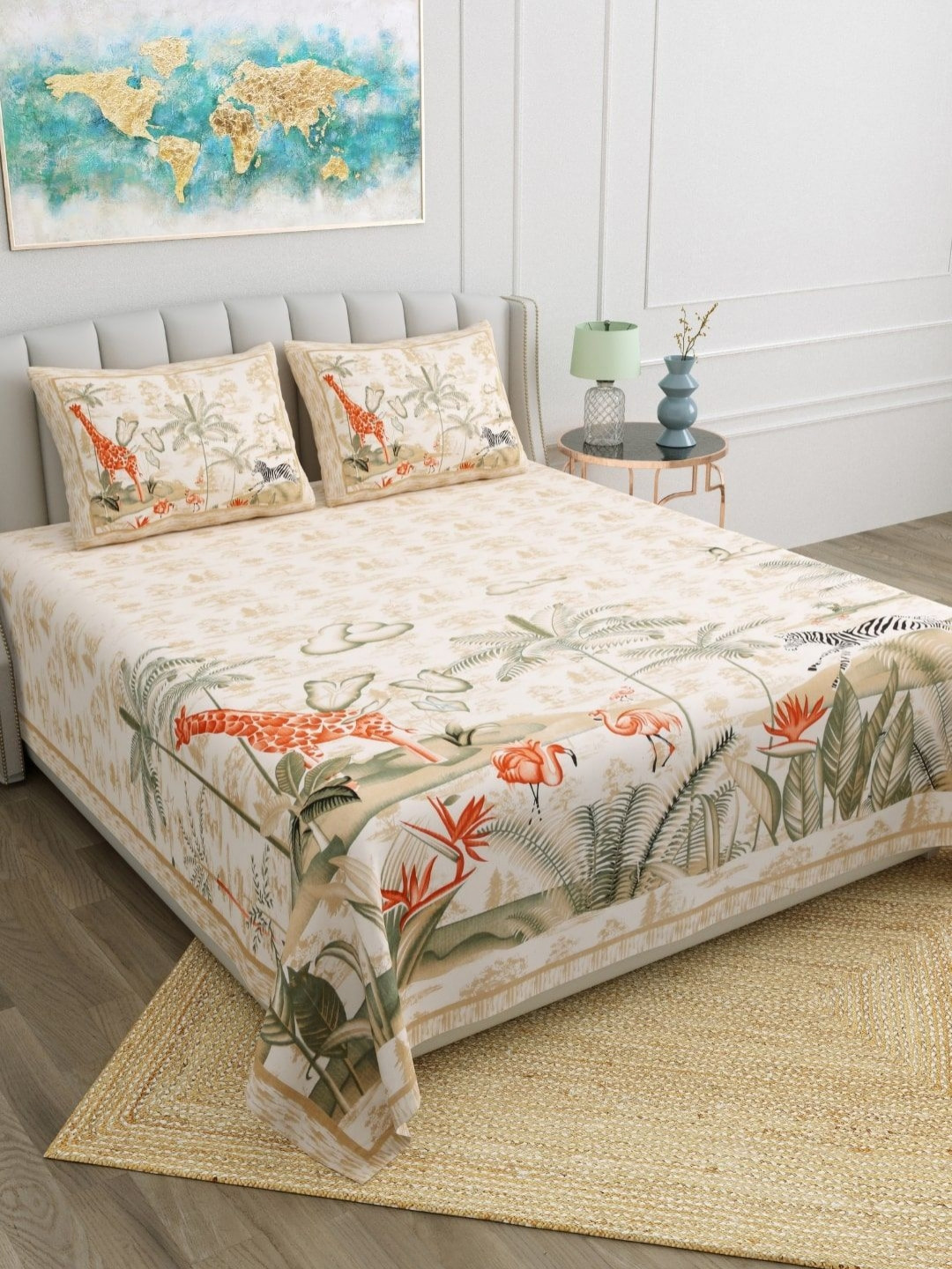 JAIPUR FABRIC Beige Graphic Cotton 180 TC King Fine Bedsheet with 2 Pillow Covers-228 x 274 cm