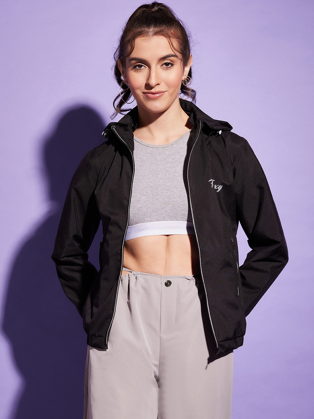 BUY NEW TREND Women Hooded Solid Sports Windcheater Bomber Jacket