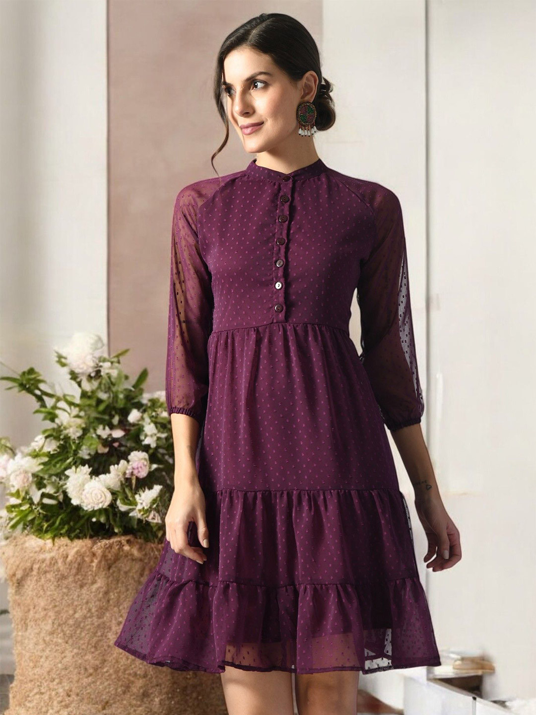 Purple Self Design Solid Fit & Flare Dress