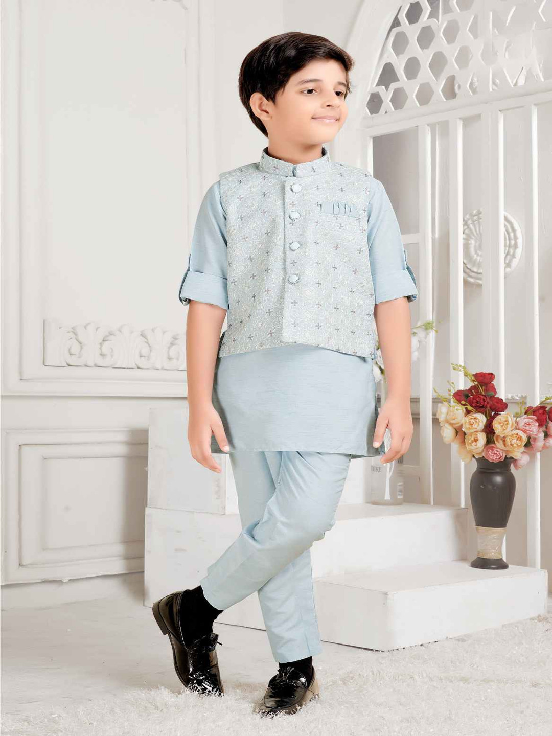 Lagorii Boys Pure Silk Straight Kurta With Trousers & Embroidered Waist Coat