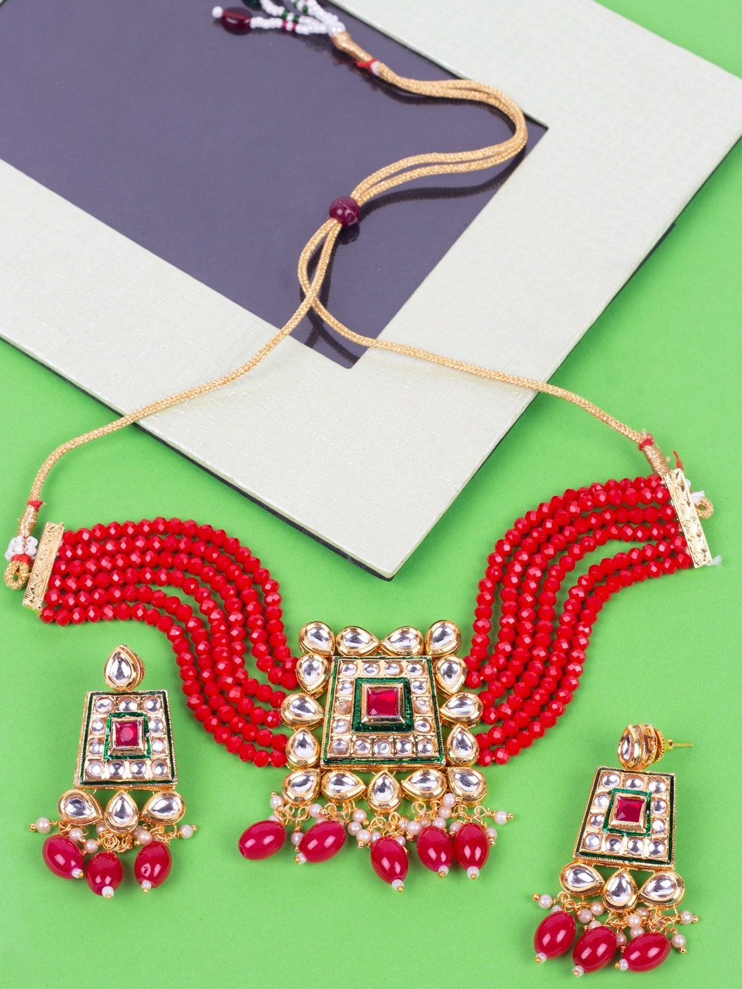 Anouk Gold-Plated And Red Stone Studded And Pearls Beaded Choker Necklace And Earrings
